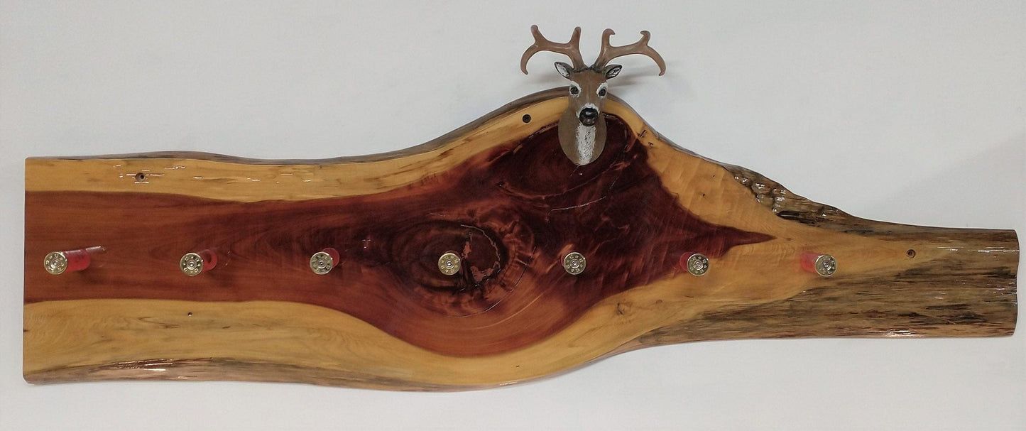 walkerwoodgifts Unique Live Edge Red Cedar Hat | Coat Rack | Shotgun Shell Pegs | Faux Buck Mount | Cabin Home Décor