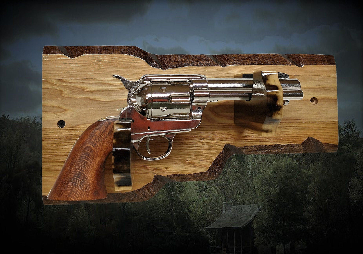 walkerwoodgifts WOODEN PISTOL HOLDER, Pistol Rack, Faux Edge Rustic Hickory Vintage Pistol Display Unique Hand Cut Wood Bullet Style Gun Holders